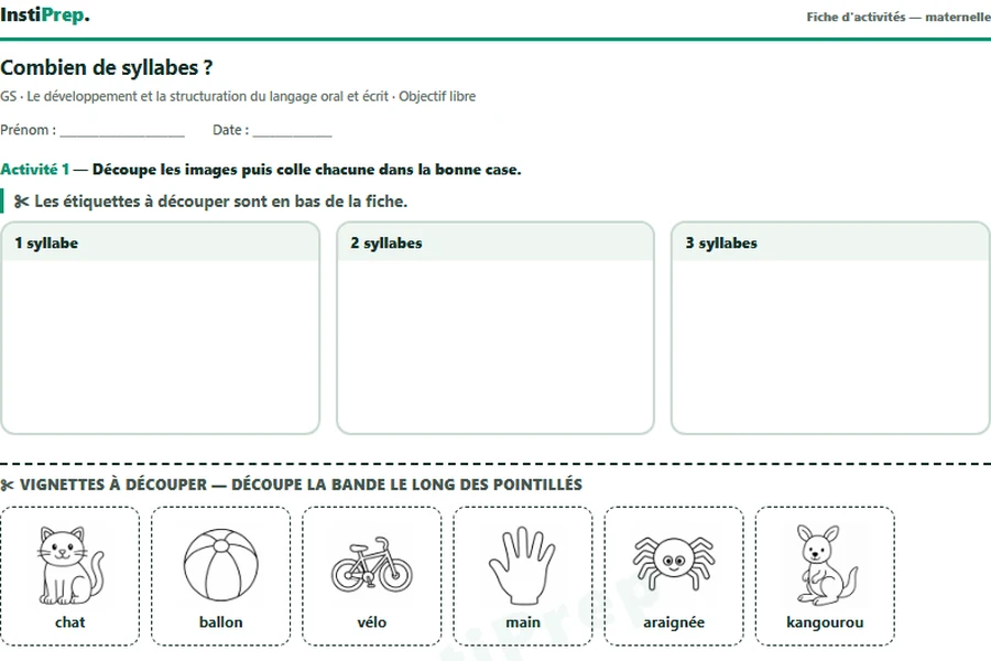 Fiche d'activités de grande section sur les syllabes : trois cases de destination (1, 2 et 3 syllabes) et, en bas de la feuille, une bande détachable de six vignettes à découper (chat, ballon, vélo, main, araignée, kangourou).