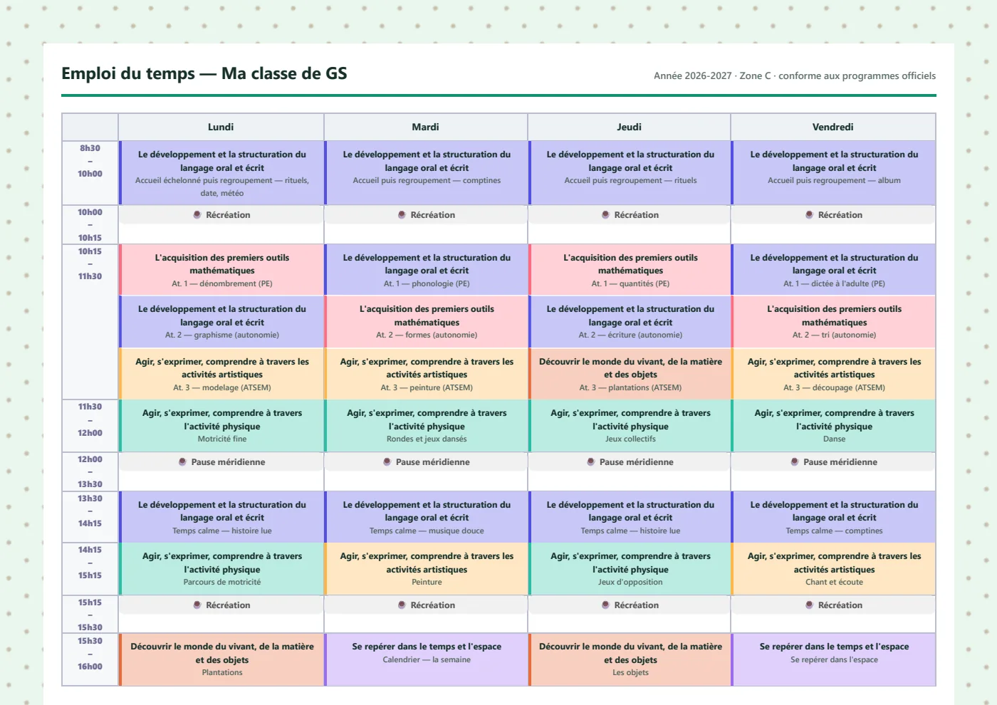 Emploi du temps d'une semaine exporté en PDF : une colonne par jour, chaque créneau coloré selon sa matière.