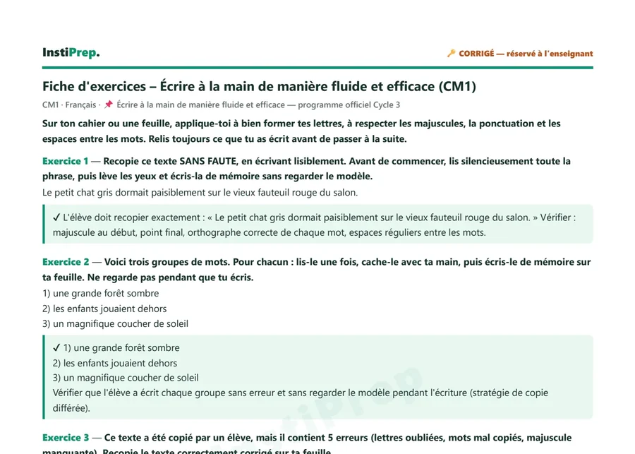 Fiche d'exercices de CM1 en français, version corrigée réservée à l'enseignant, avec quatre exercices et leur correction.