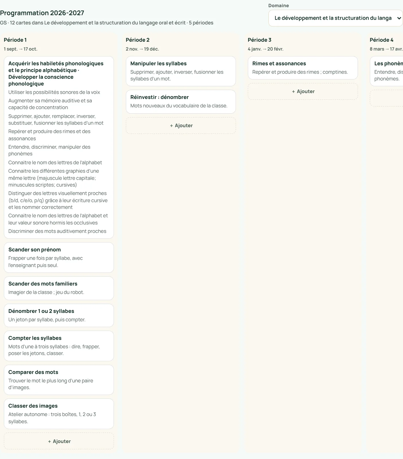Capture de l’écran Programmation d’InstiPrep : la compétence « Acquérir les habiletés phonologiques et le principe alphabétique » et ses objectifs en période 1, puis des cartes « Manipuler les syllabes » en période 2 et « Rimes et assonances » en période 3.