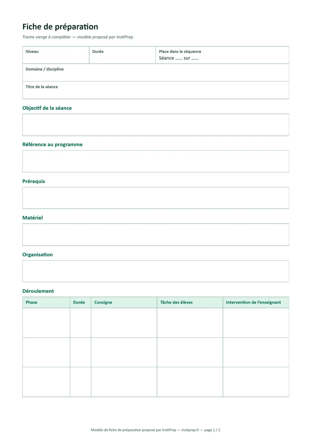 Première page de la trame vierge de fiche de préparation : tableau des repères, cadres vides pour l’objectif, la référence au programme, les prérequis, le matériel et l’organisation, puis le tableau du déroulement à cinq colonnes.