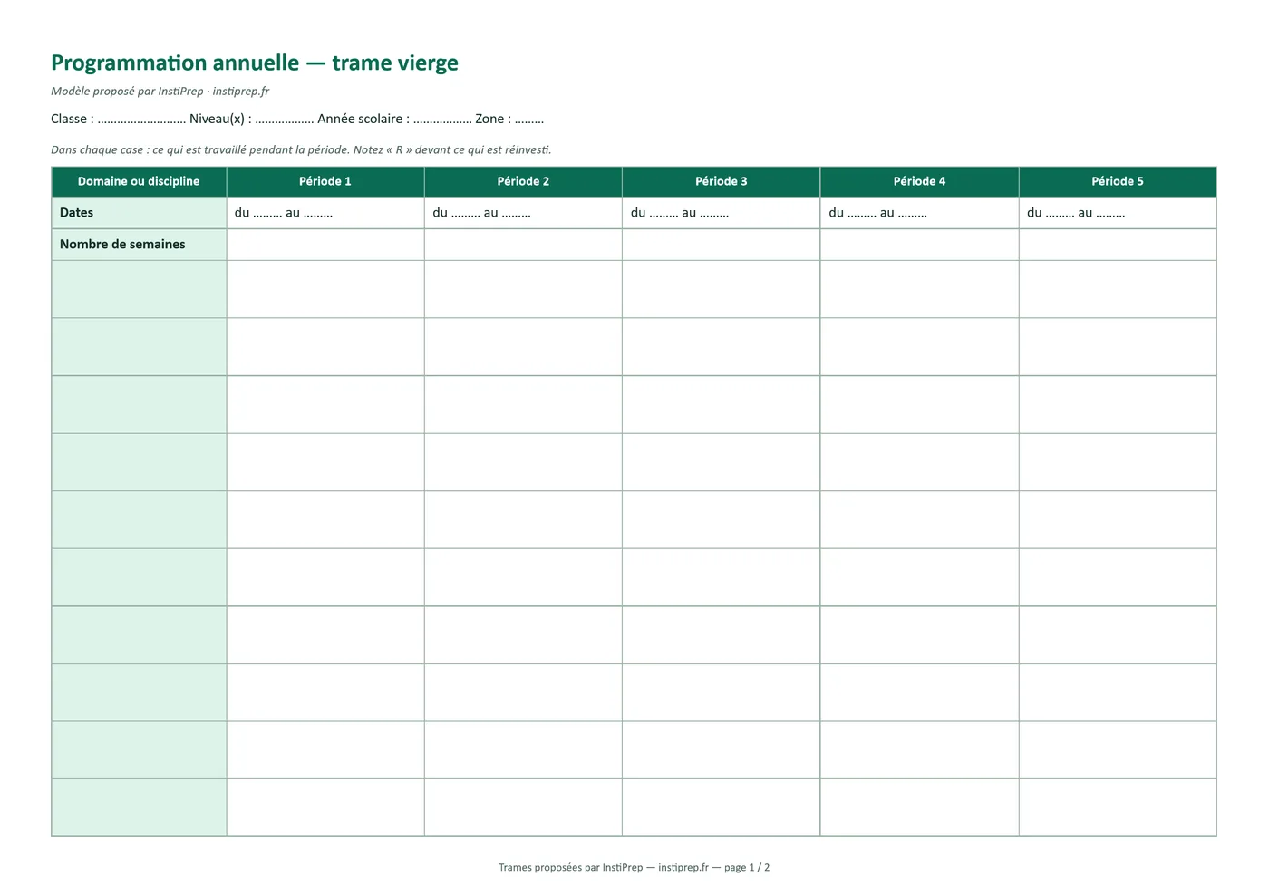 Première page des trames vierges : un tableau de programmation annuelle avec une colonne « Domaine ou discipline », cinq colonnes « Période 1 » à « Période 5 », une ligne pour les dates et une ligne pour le nombre de semaines.